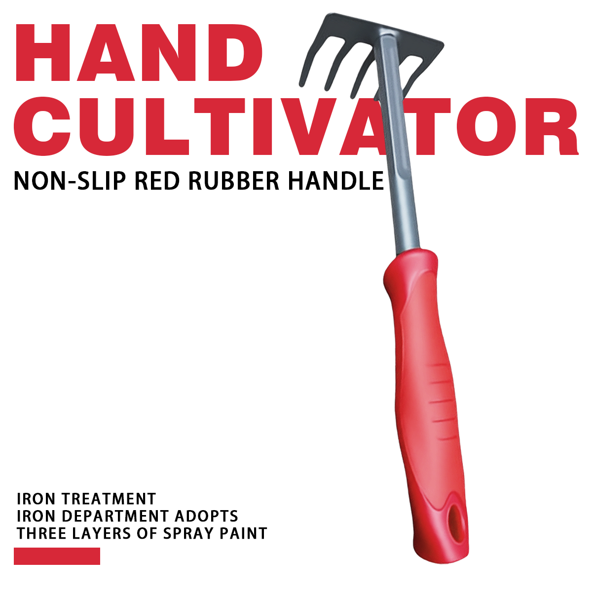Heavy-Duty 5-Tine Garden Rake — Thickened Steel Head, Red Handle, Soil Cultivation