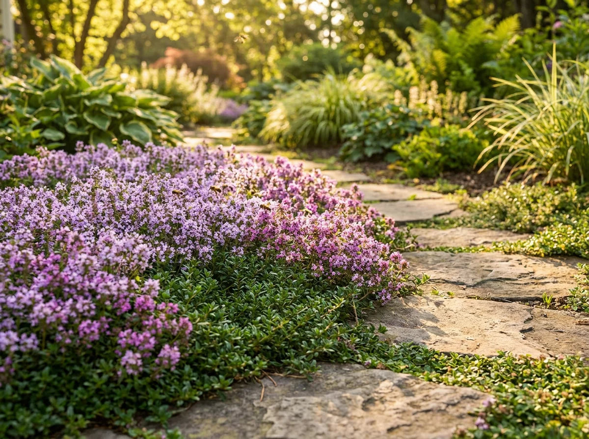 Creeping Thyme Ground Cover Carpet in Bloom