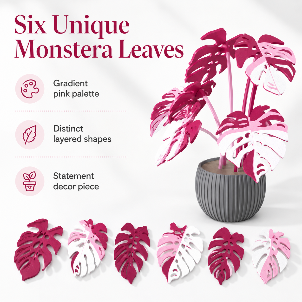 Pink Monstera 3D Printed Plant Decor with Ribbed Pot