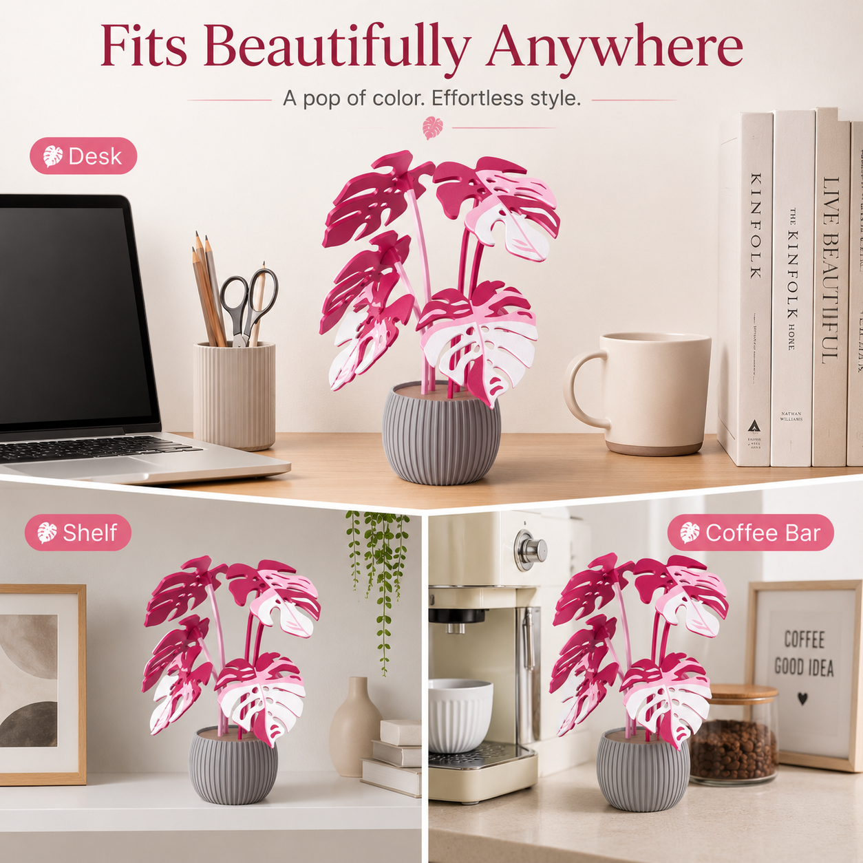 Pink Monstera 3D Printed Plant Decor with Ribbed Pot
