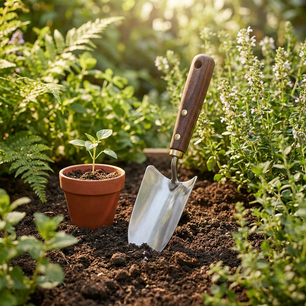 Professional Stainless Steel Hand Trowel in garden scene
