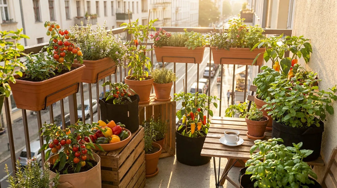 Lush container garden on a sunny apartment balcony