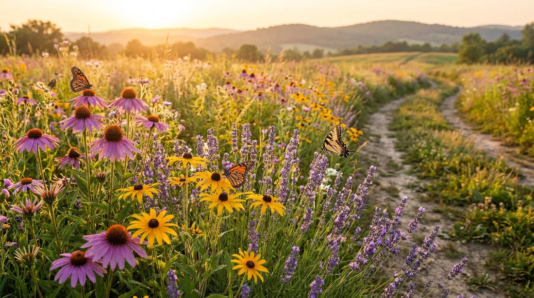 Beautiful wildflower meadow in full summer bloom with coneflowers and lavender