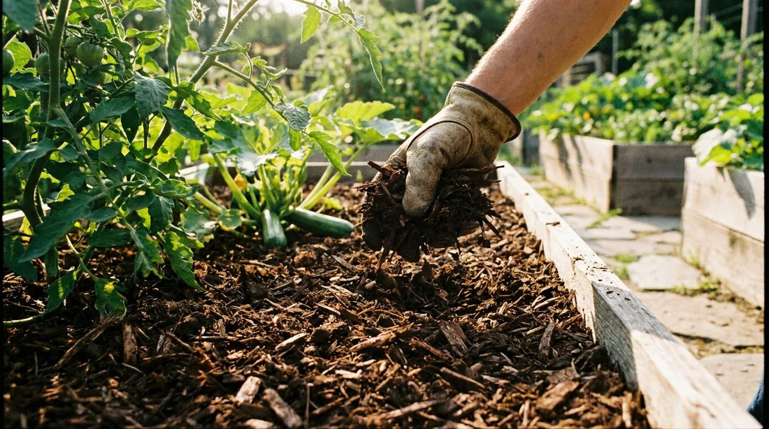 Summer garden mulching close-up