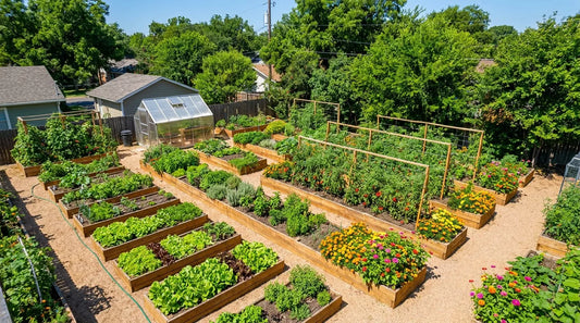 Aerial view of organized raised bed vegetable and flower garden