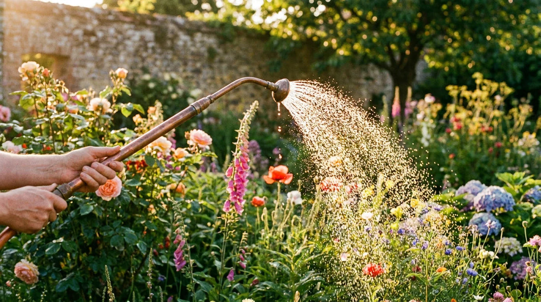 Copper telescopic spray wand watering garden at golden hour