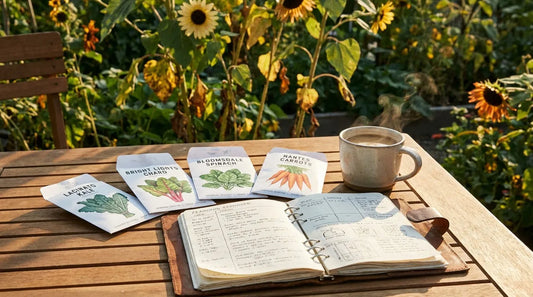 Garden planning table with seed packets and notebook