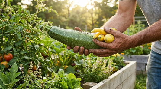 Gardener holding freshly harvested zucchini and summer squash