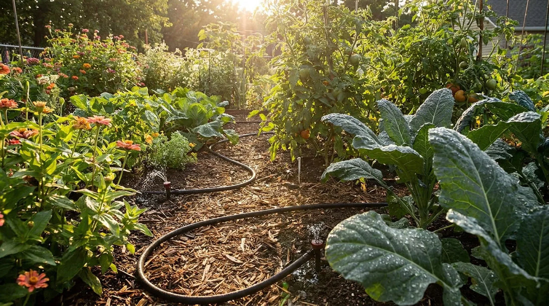 Garden irrigation system watering green leaves