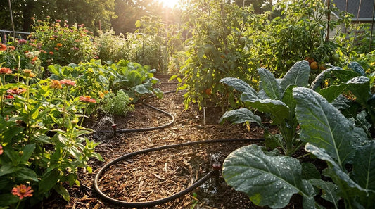 Garden irrigation system watering green leaves