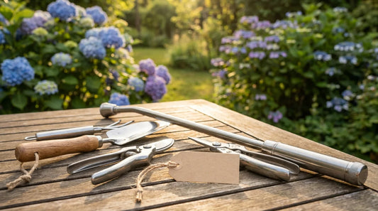 Father's Day garden gift scene with premium tools and summer flowers