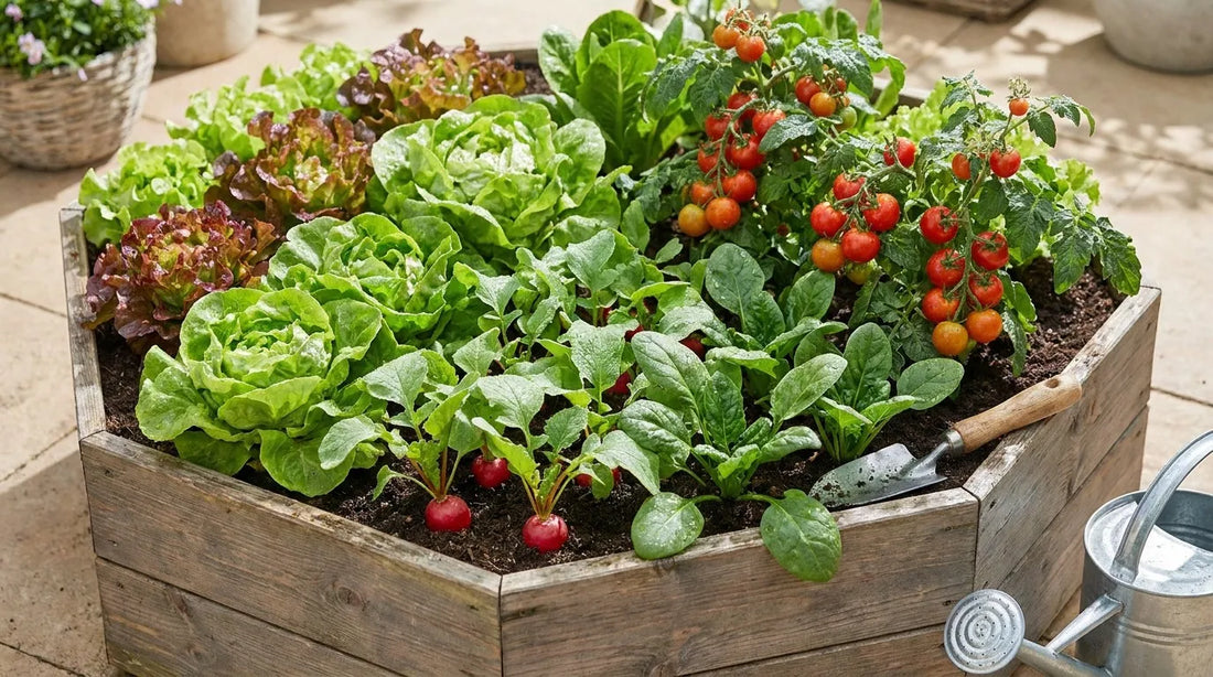 Compact salad garden with lettuce, radishes and cherry tomatoes in raised bed