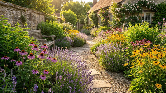 Beautiful summer garden pathway with lavender and summer flowers