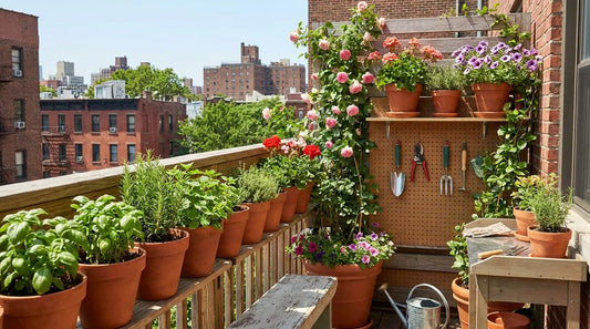 Beautiful balcony garden with potted plants and compact garden tools