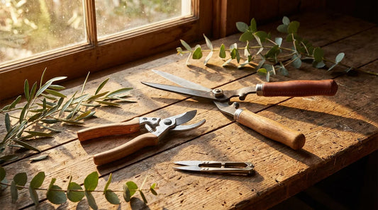 Premium pruning shears and garden cutting tools on wooden surface