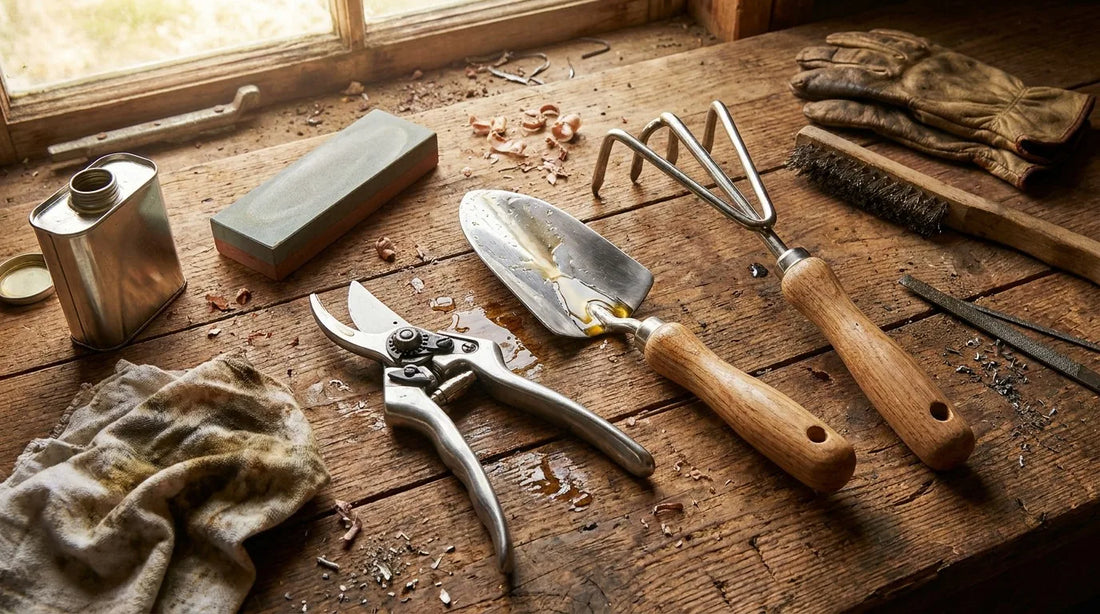 Garden tool maintenance with stainless steel tools being cleaned and sharpened on workbench