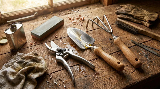 Garden tool maintenance with stainless steel tools being cleaned and sharpened on workbench