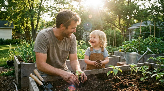 Father and child gardening together in raised beds on a sunny day