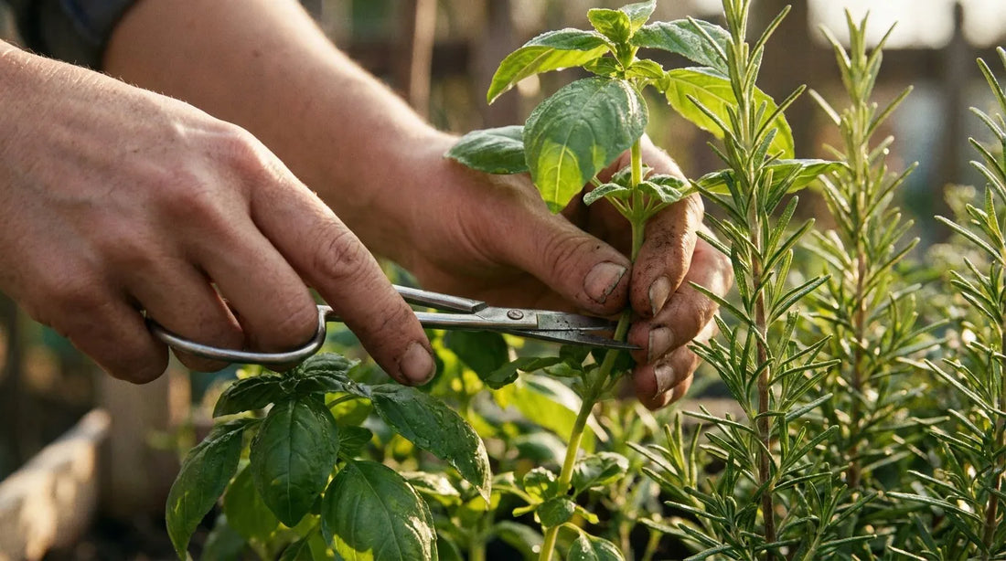 Hands harvesting fresh basil and rosemary with precision garden scissors