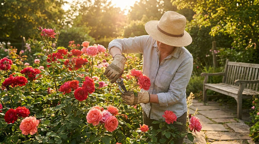 Gardener pruning roses with bypass pruning shears in summer garden