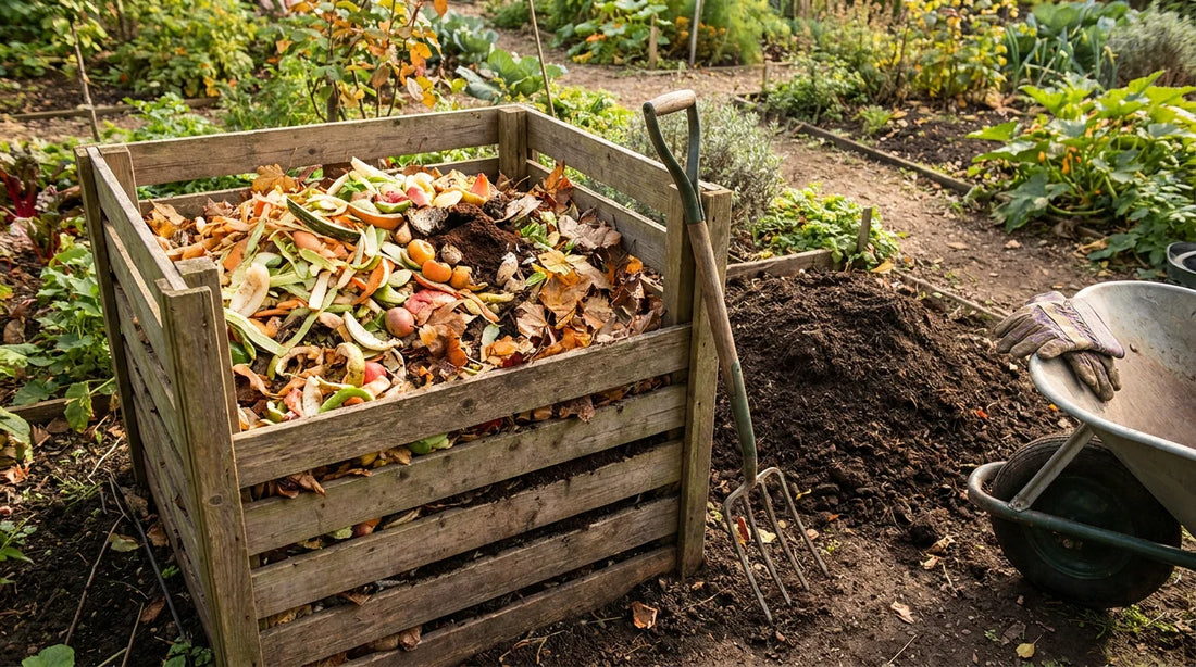 Wooden compost bin with vegetable scraps and finished compost