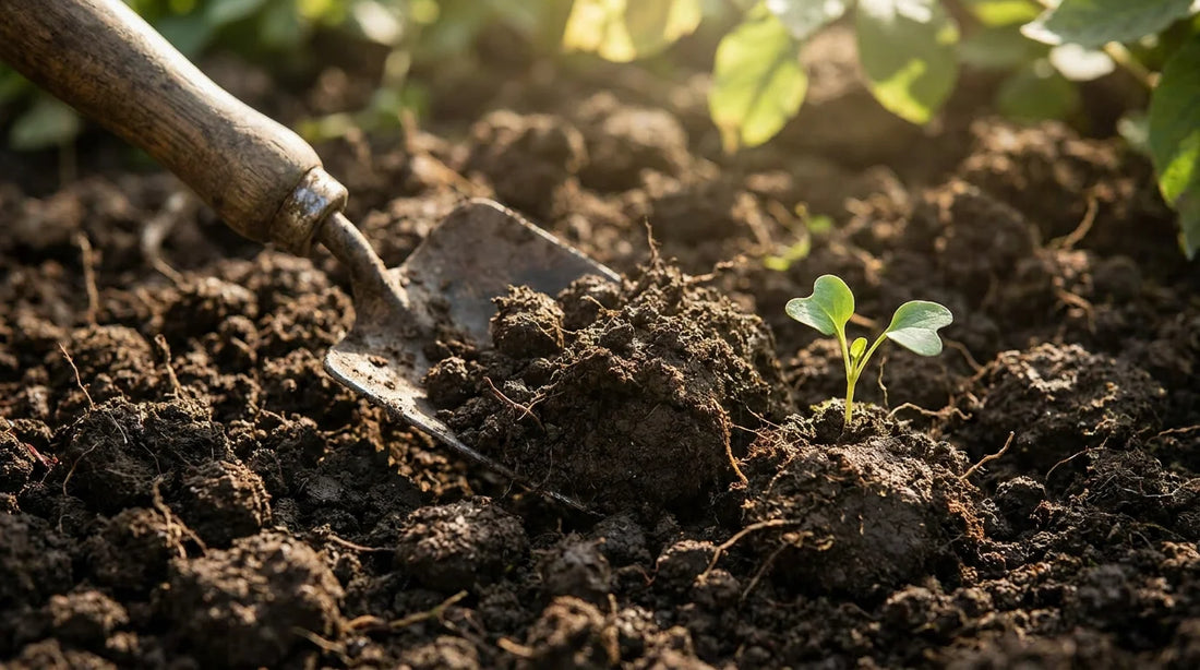 Rich garden soil with seedling sprouting and trowel