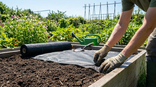 Gardener installing black weed barrier landscape fabric in a raised garden bed