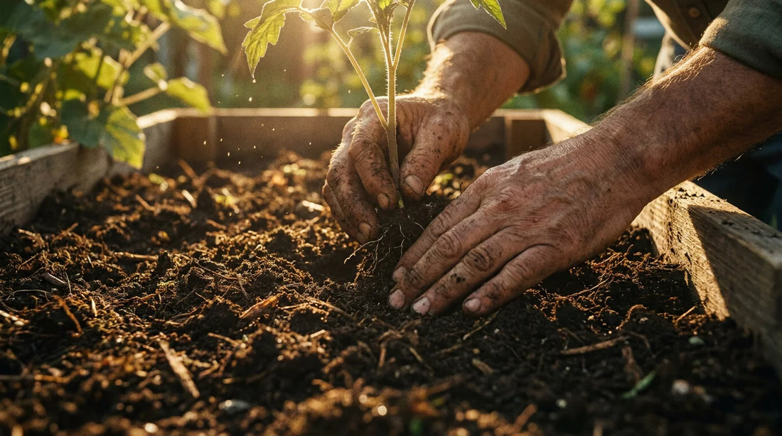 Gardener's hands planting seedlings into rich dark soil