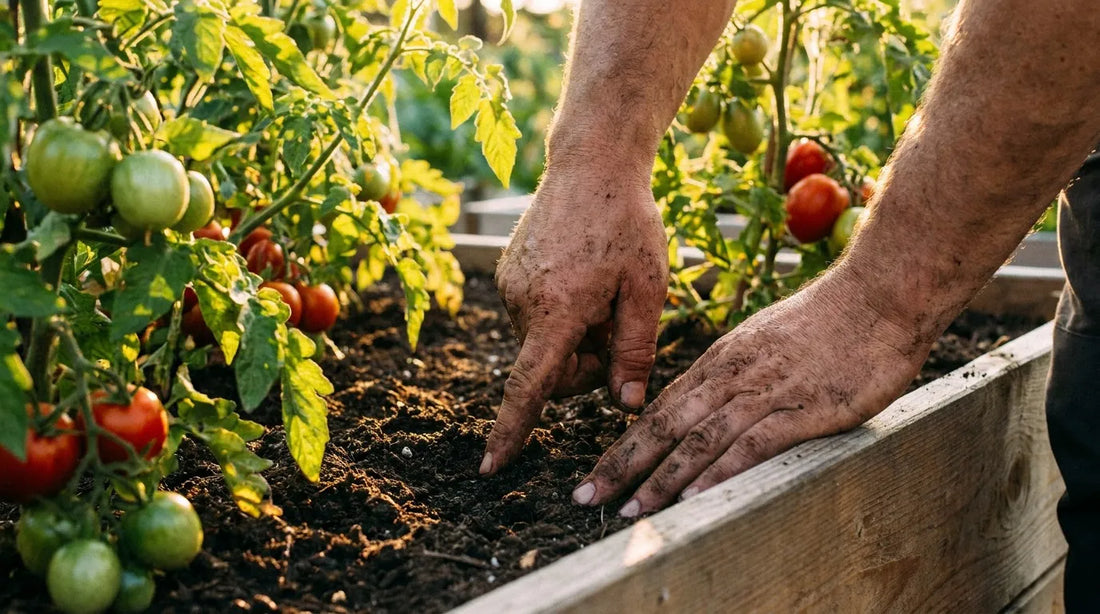 Gardener checking soil moisture in raised bed with tomato plants