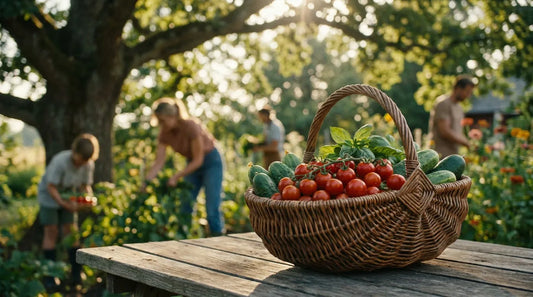 Summer garden harvest with tomatoes and basil