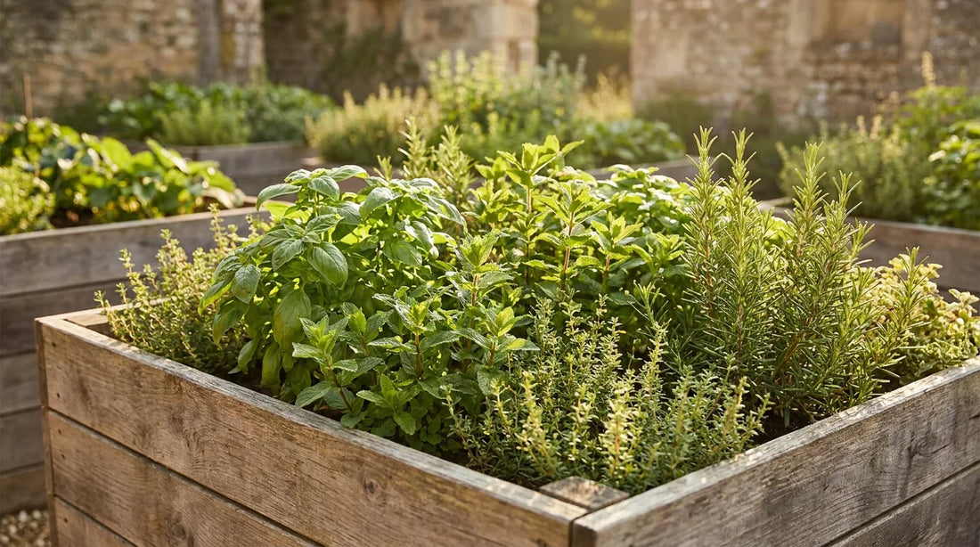 Lush summer herbs growing in wooden raised planters
