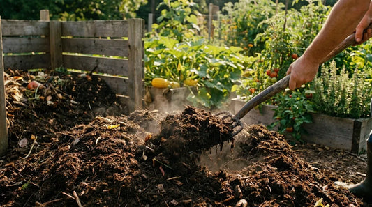 Healthy summer compost pile with rich soil