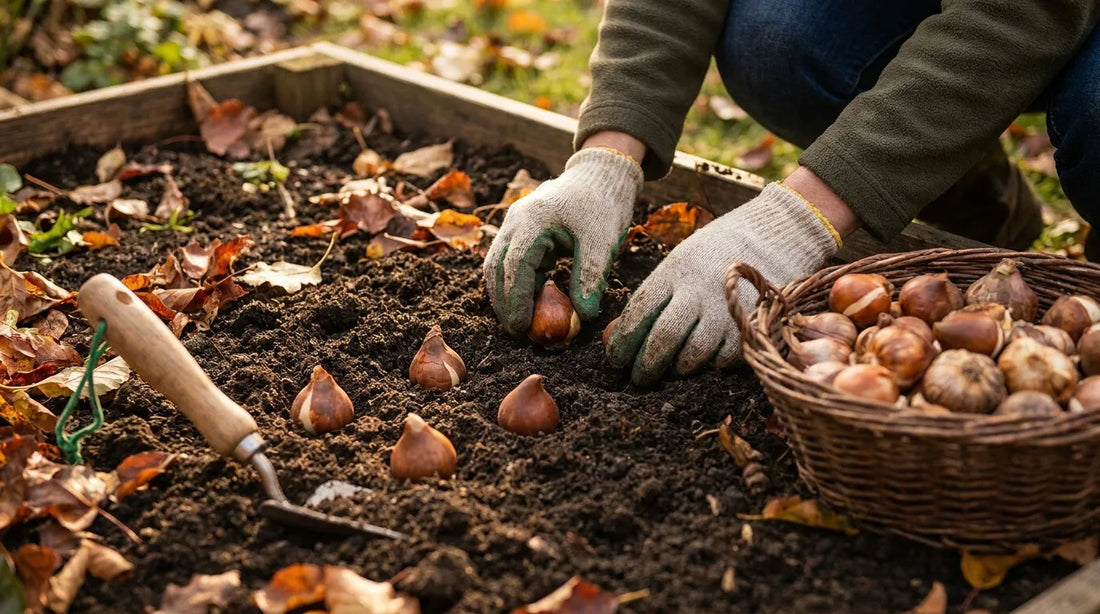 Hands planting autumn bulbs in rich dark garden soil