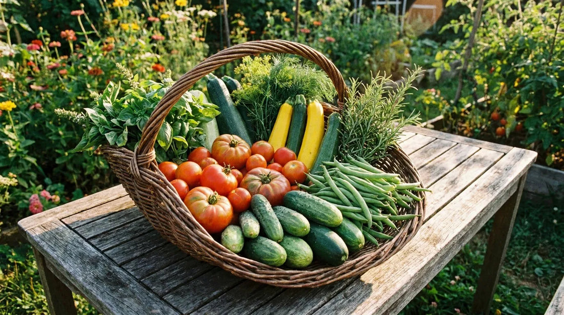 Fresh summer harvest basket with tomatoes, cucumbers and herbs