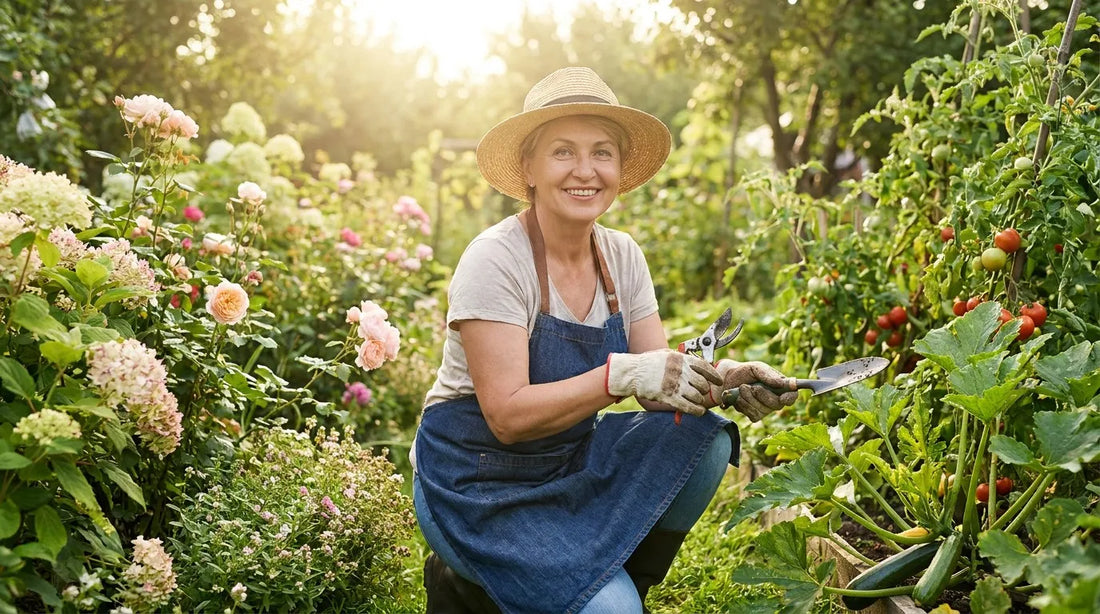 Gardener working in a lush summer garden with pruning shears and trowel