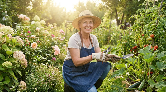 Gardener working in a lush summer garden with pruning shears and trowel