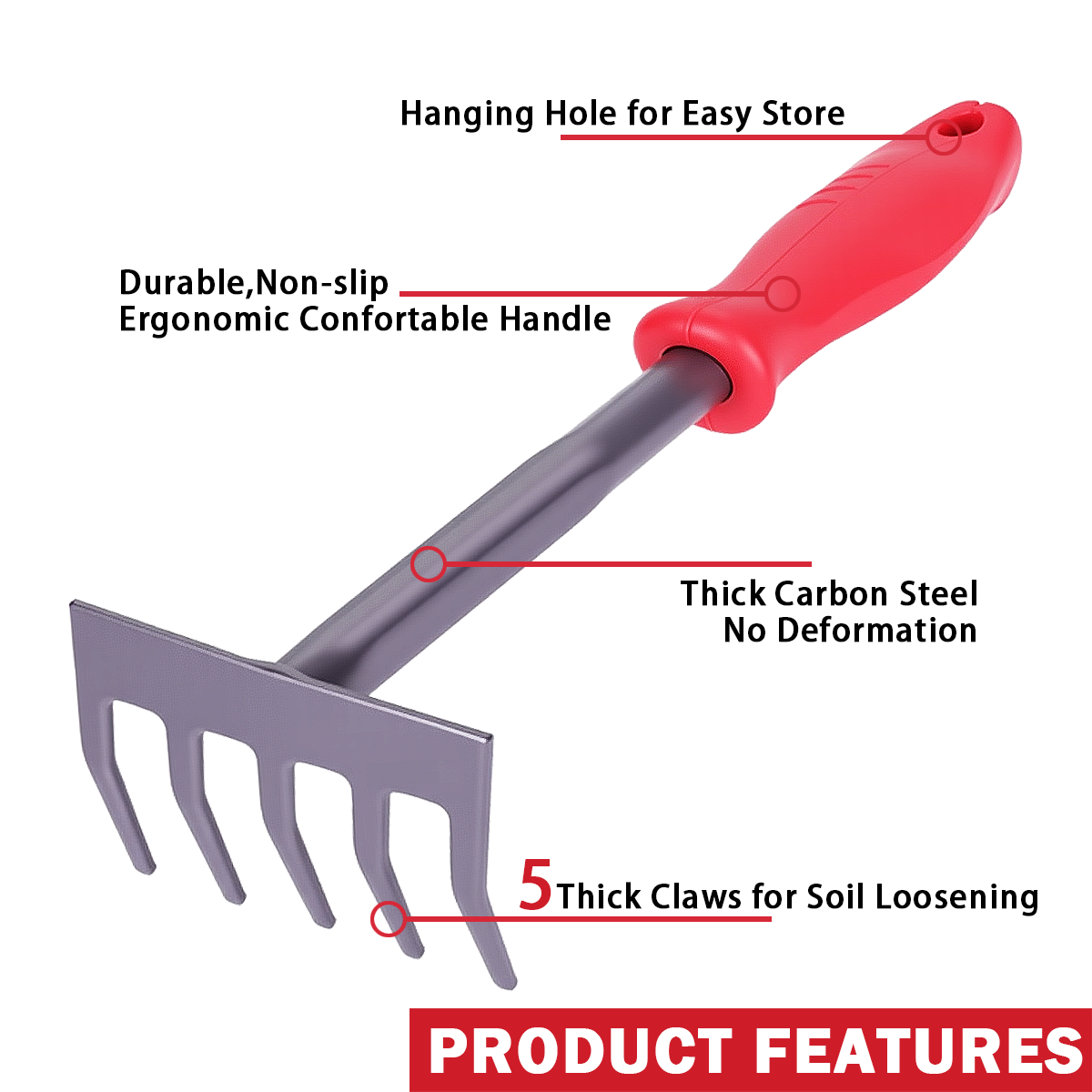 Heavy-Duty 5-Tine Garden Rake — Thickened Steel Head, Red Handle, Soil Cultivation