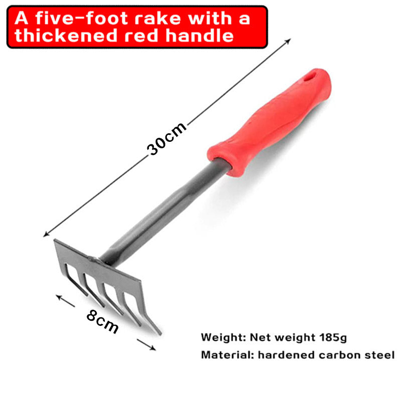 Heavy-Duty 5-Tine Garden Rake — Thickened Steel Head, Red Handle, Soil Cultivation