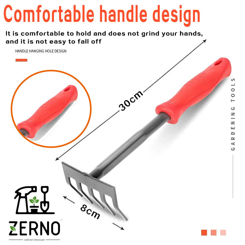 Heavy-Duty 5-Tine Garden Rake — Thickened Steel Head, Red Handle, Soil Cultivation