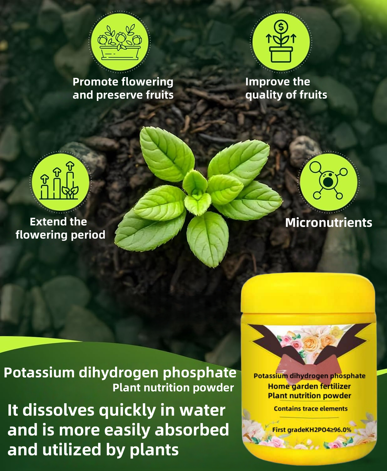 Potassium Phosphate Plant Nutrition Powder 450g — Home Garden Fertilizer with Trace Elements