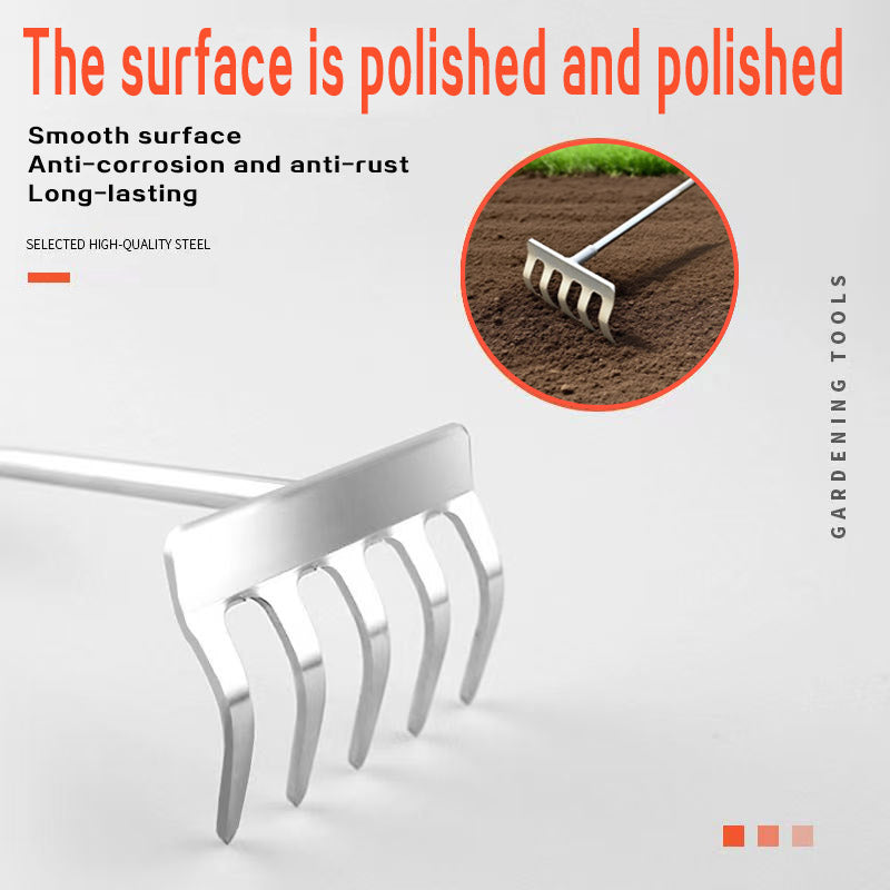 Heavy-Duty 5-Tine Garden Rake — Thickened Steel Head, Red Handle, Soil Cultivation