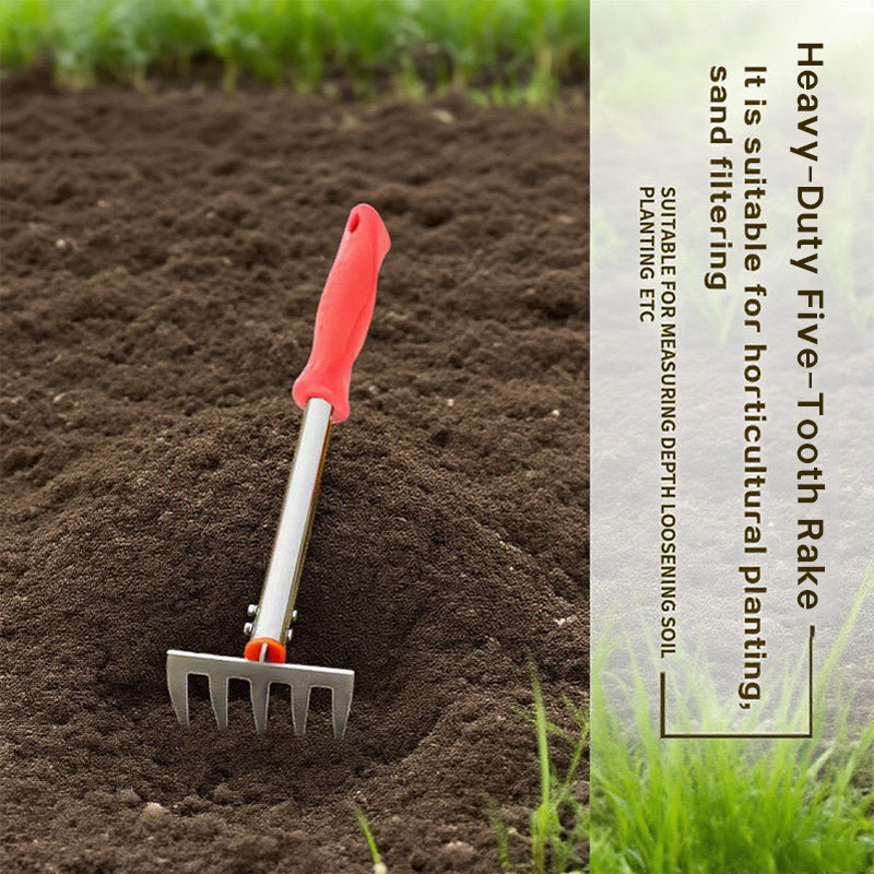 Heavy-Duty 5-Tine Garden Rake — Thickened Steel Head, Red Handle, Soil Cultivation