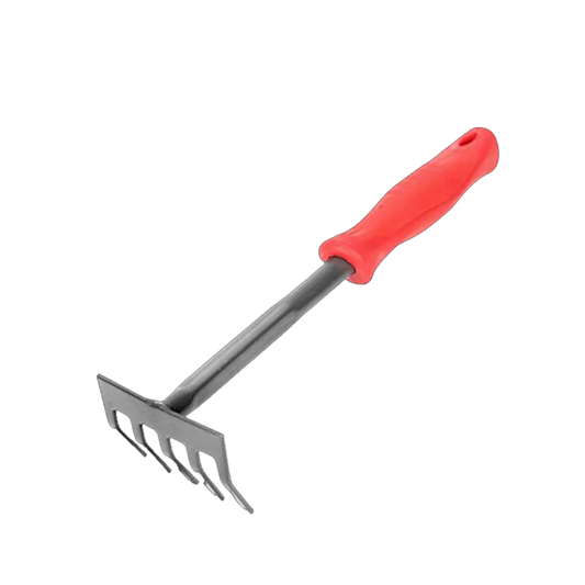 Heavy-Duty 5-Tine Garden Rake — Thickened Steel Head, Red Handle, Soil Cultivation