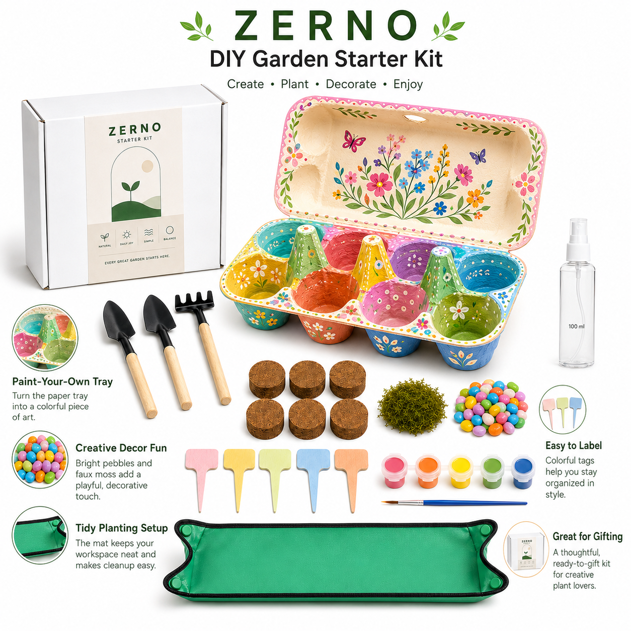 Zerno Painted Egg Tray Seed Starter Kit