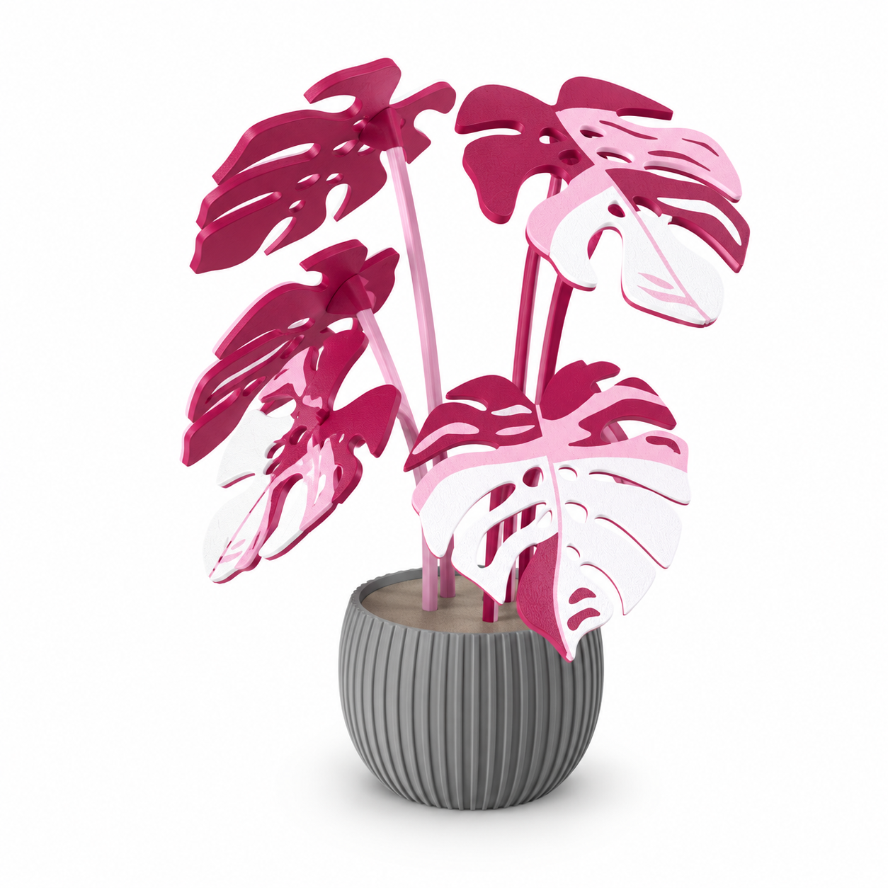 Pink Monstera 3D Printed Plant Decor with Ribbed Pot