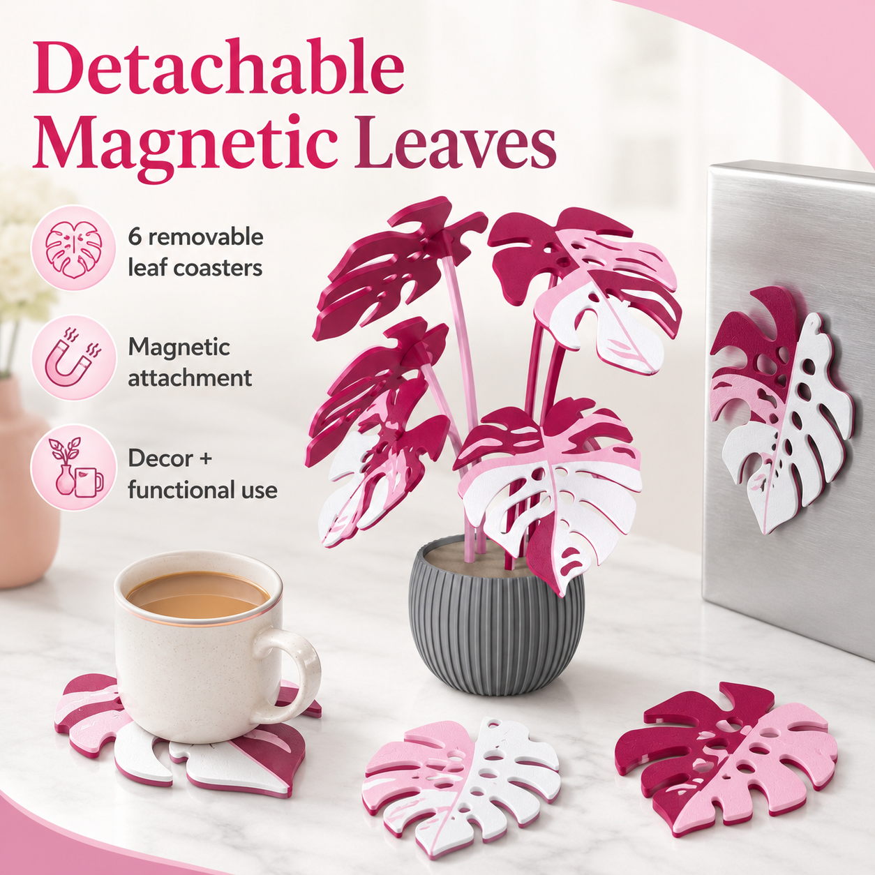 Pink Monstera 3D Printed Plant Decor with Ribbed Pot