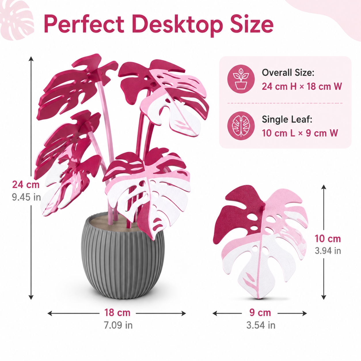 Pink Monstera 3D Printed Plant Decor with Ribbed Pot