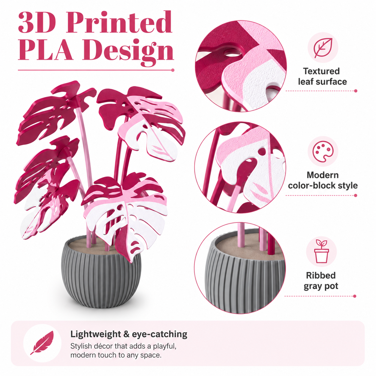 Pink Monstera 3D Printed Plant Decor with Ribbed Pot