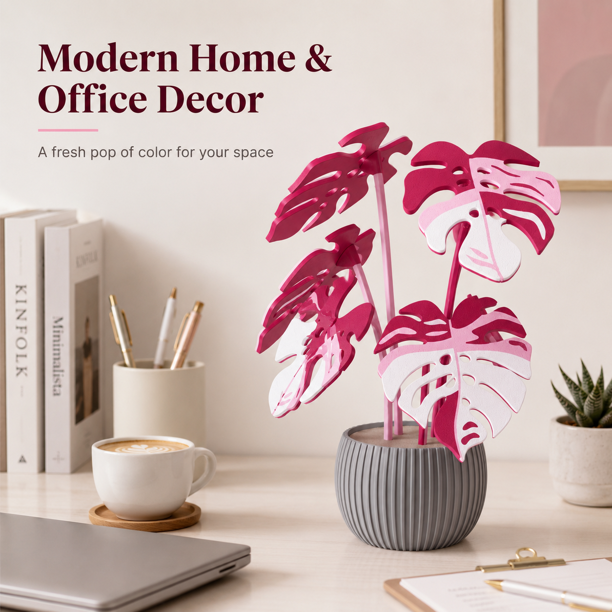 Pink Monstera 3D Printed Plant Decor with Ribbed Pot
