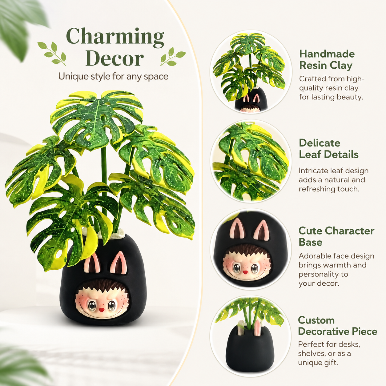 Green Labubu Resin Clay Plant Figurine